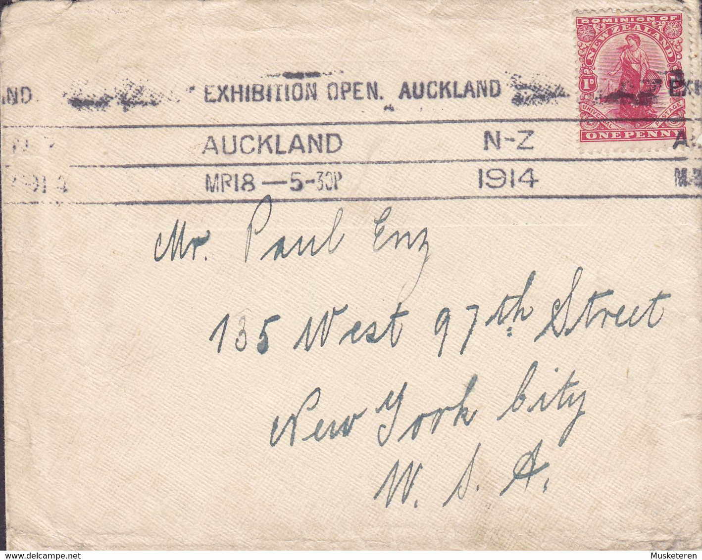 New Zealand Slogan Flamme 'Exhibition Open' AUCKLAND 1914 'Petite' Cover Brief NEW YORK USA (2 Scans) - Covers & Documents