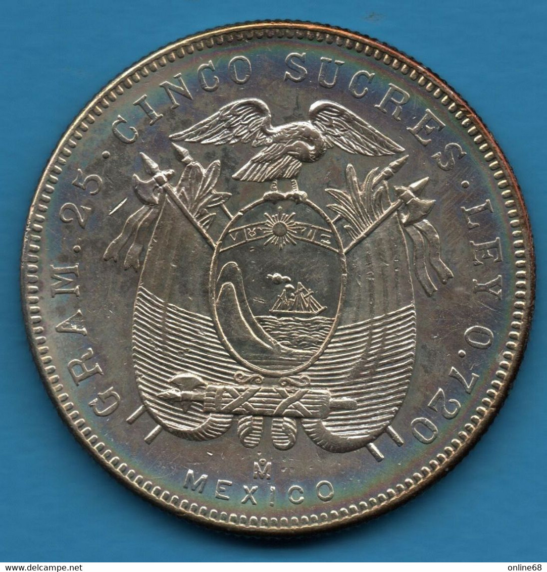 ECUADOR 5 SUCRES 1943 KM# 79 Argent 720‰ Silver GRAM . 25 · CINCO SUCRES · LEY 0.720 - Ecuador