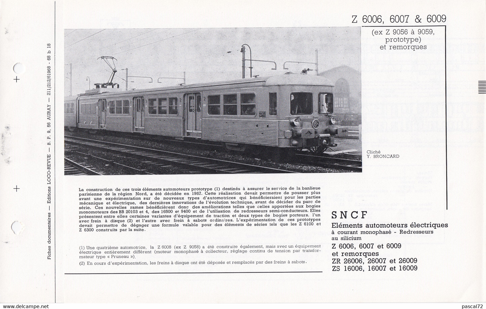 Z 6006, 6007 & 6009 FICHE DOCUMENTAIRE DOUBLE LOCO REVUE N° 211/212 JUIN 1968 - French