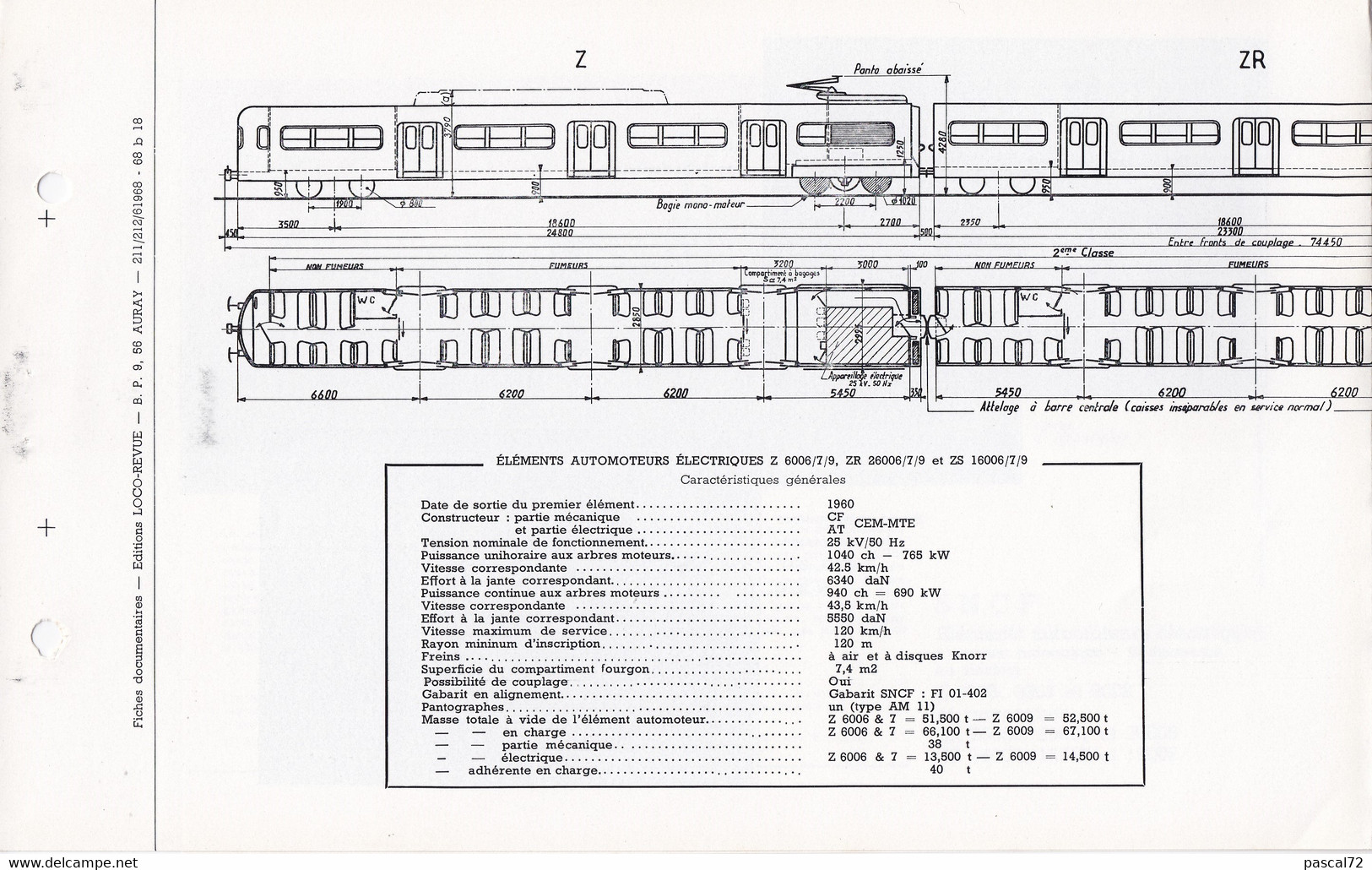 Z 6006, 6007 & 6009 FICHE DOCUMENTAIRE DOUBLE LOCO REVUE N° 211/212 JUIN 1968 - Francese