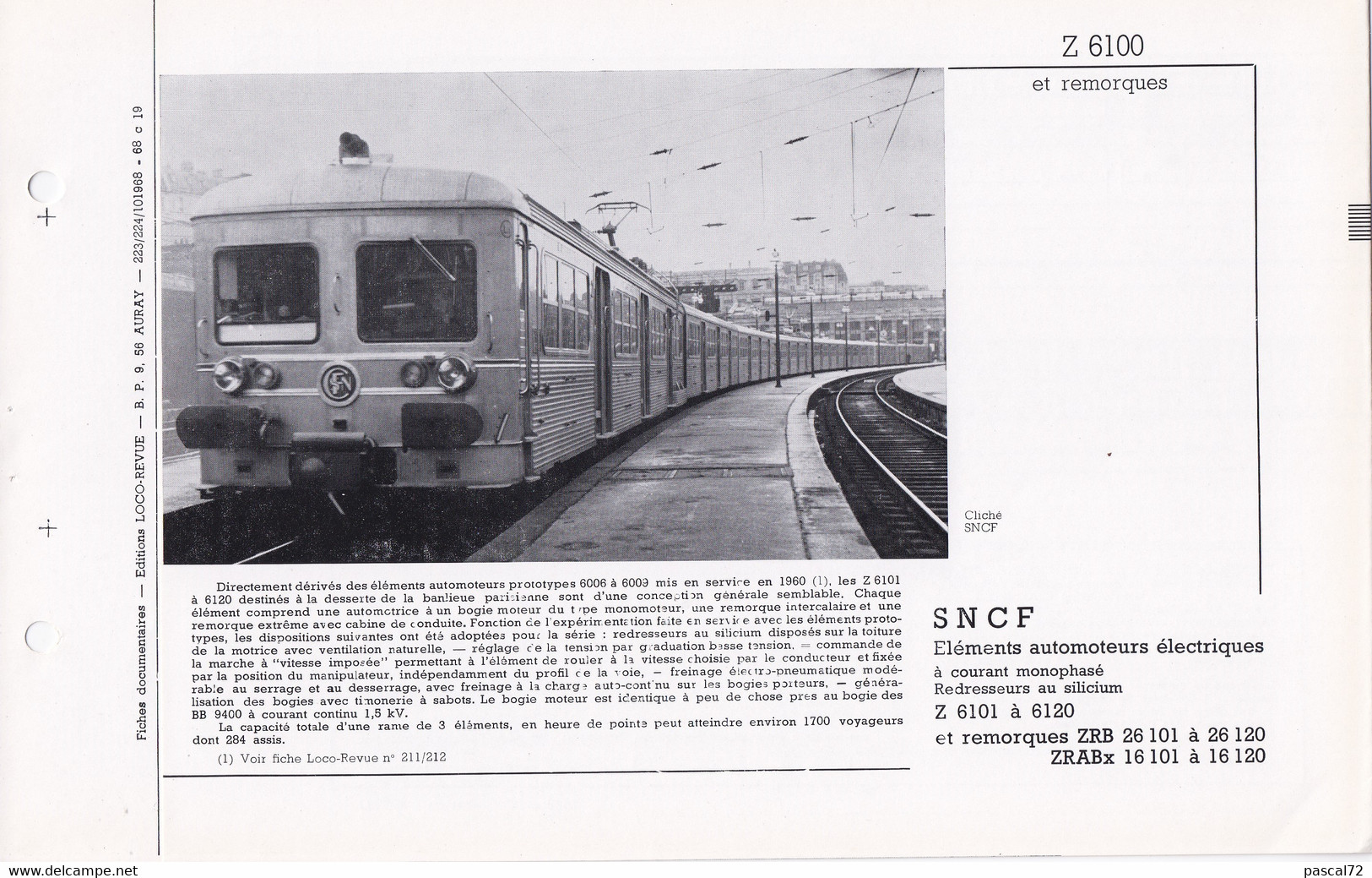 Z 6100 FICHE DOCUMENTAIRE DOUBLE LOCO REVUE N° 223/224 OCTOBRE 1968 - Französisch