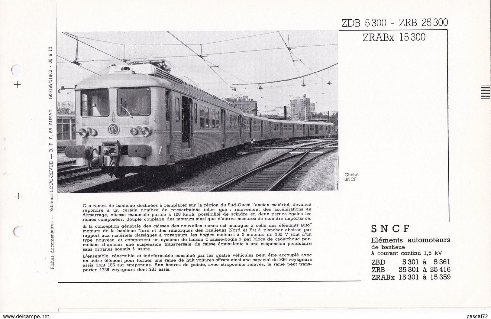 ZDB 5300 ZRB 25300 ZRABx 15300 FICHE DOCUMENTAIRE DOUBLE LOCO REVUE N° 198/199 MARS 1968 - Francese