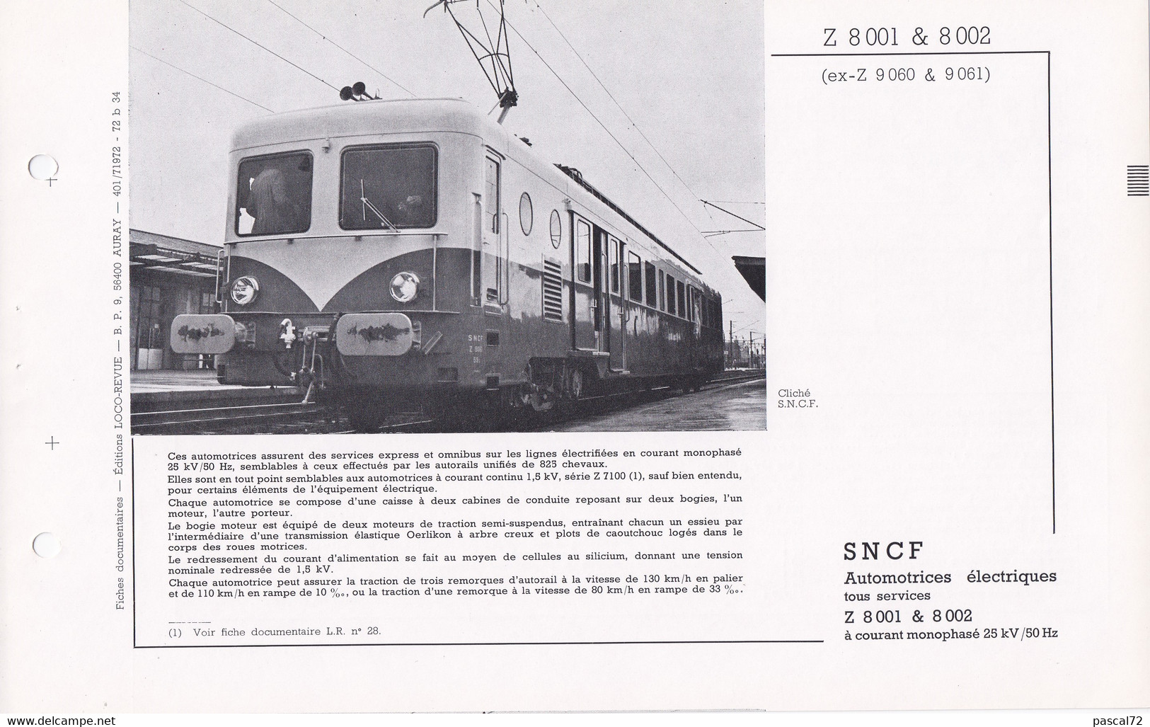 Z 8001 & 8002 FICHE DOCUMENTAIRE LOCO REVUE N° 401 JUILLET 1972 - Français