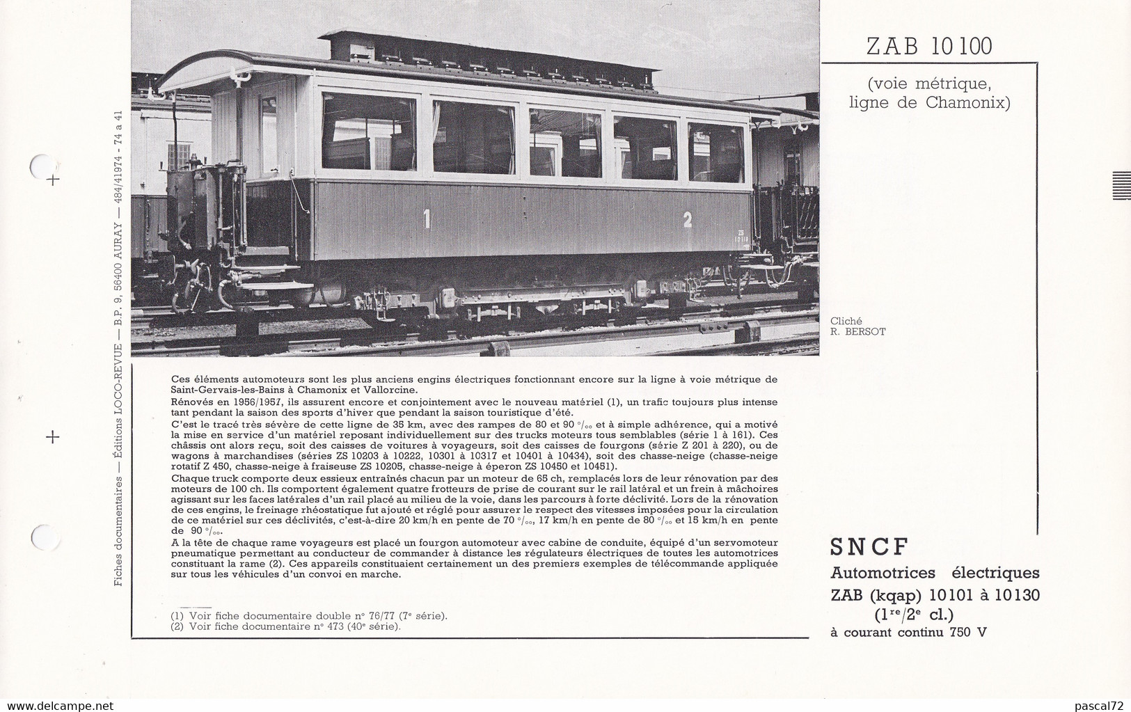 ZAB 10100 FICHE DOCUMENTAIRE LOCO REVUE N° 484 AVRIL 1974 - Frans