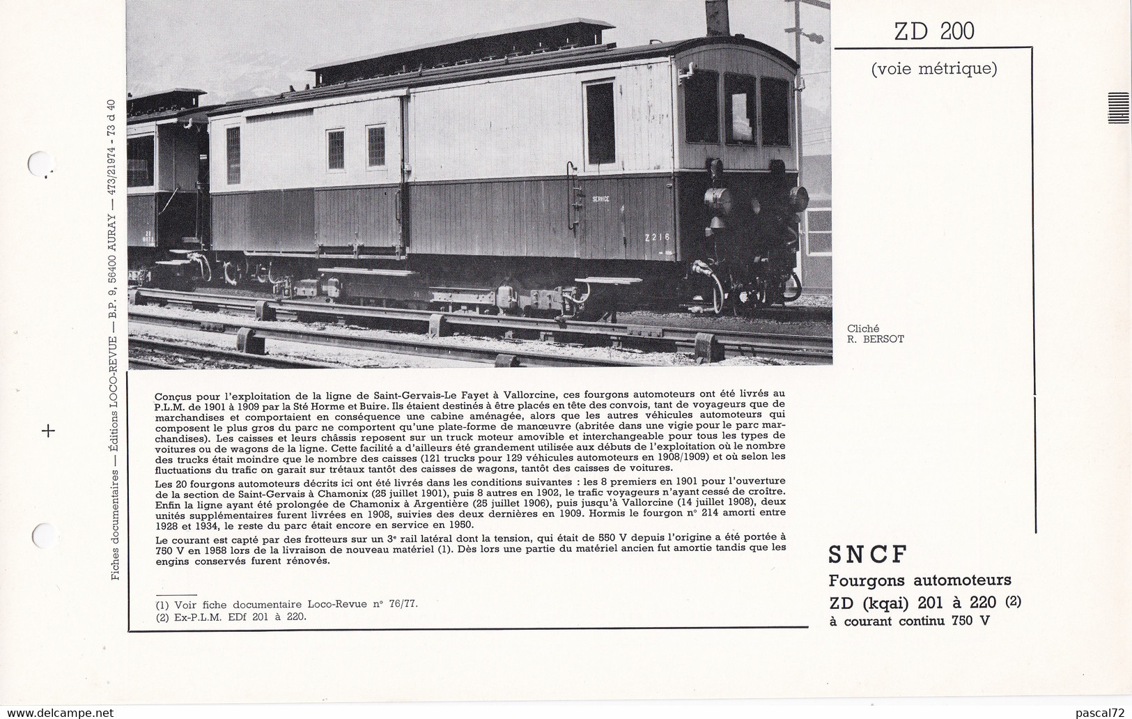 ZD 200 FICHE DOCUMENTAIRE LOCO REVUE N° 473 FEVRIER 1974 - Frans