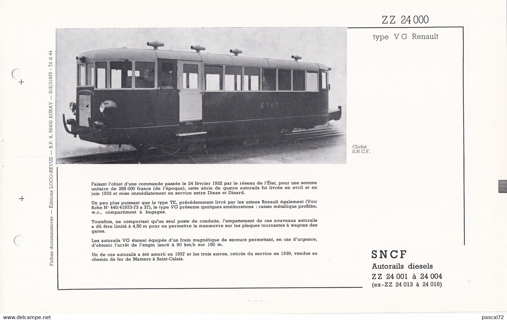 ZZ 24000 FICHE DOCUMENTAIRE LOCO REVUE N° 515 MARS 1975 - Frans