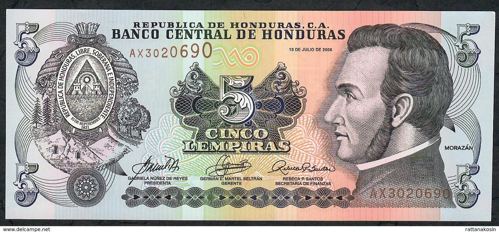 HONDURAS P91a 5 LEMPIRAS 13.7.2006  #AX  UNC. - Honduras
