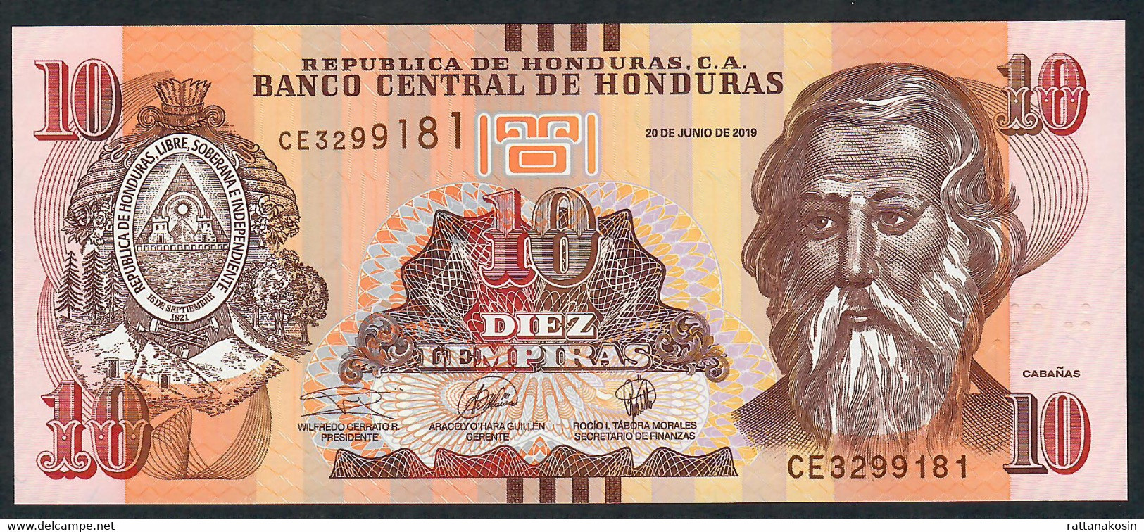 HONDURAS P99c ? 10 LEMPIRAS 20.6.2019 #CE  NEW DATE 2019 Different Printer GOZNAK    UNC. - Honduras