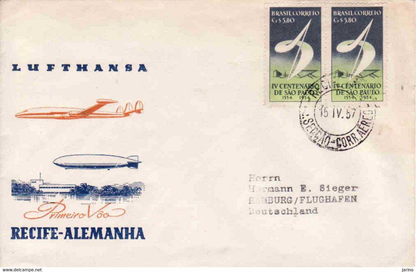 Brasilia 1957, Lufpost Lufthansa Firstflug Recife Alemania, Hamburg Flughafen - Luchtpost (private Maatschappijen)