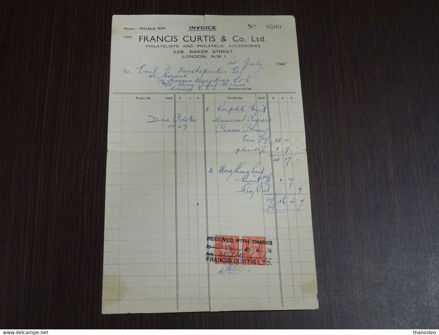 Great Britain 1948 Invoice Philatelic Accessories VF - Royaume-Uni