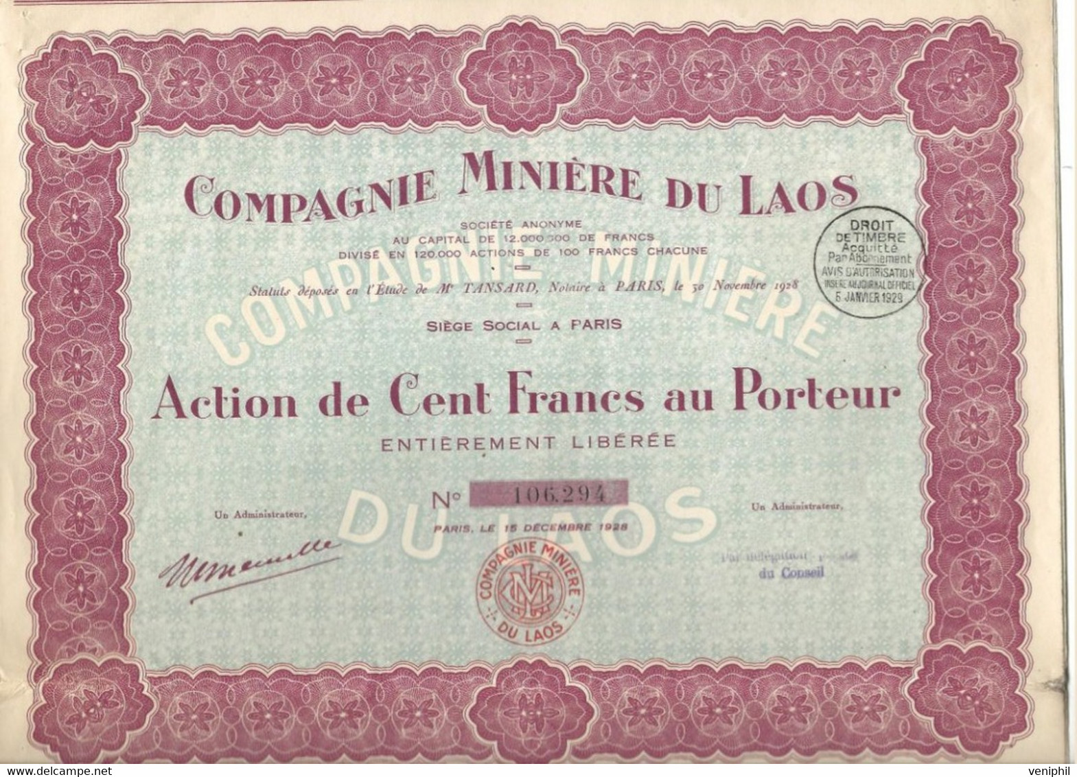 COMPAGNIE MINIERE DU LAOS  ACTION DE CENT FRANCS - ANNEE 1928 - Mines