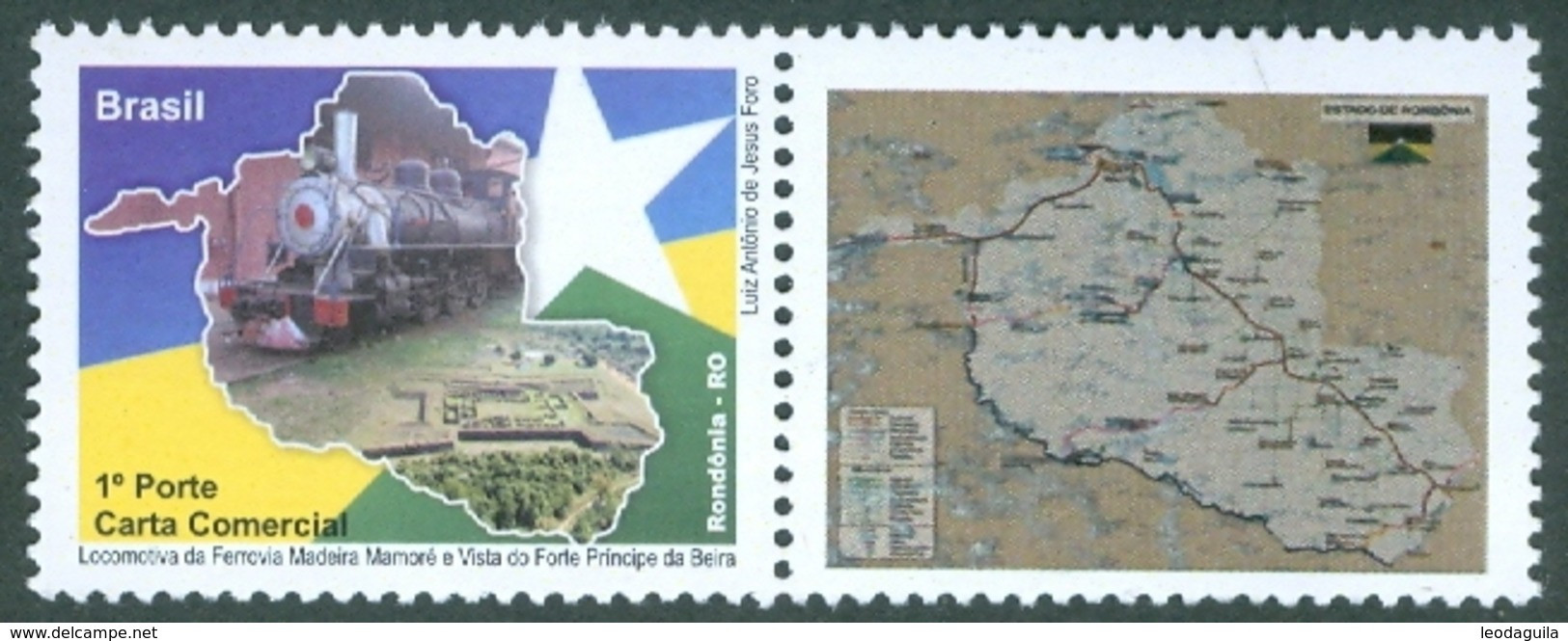 BRAZIL #3115 -LOCOMOTIVE -   EISENBAHN  - RONDONIA  RAILWAY  - PERSONALIZED STAMP WITH VIGNETE -  2009 - Gepersonaliseerde Postzegels