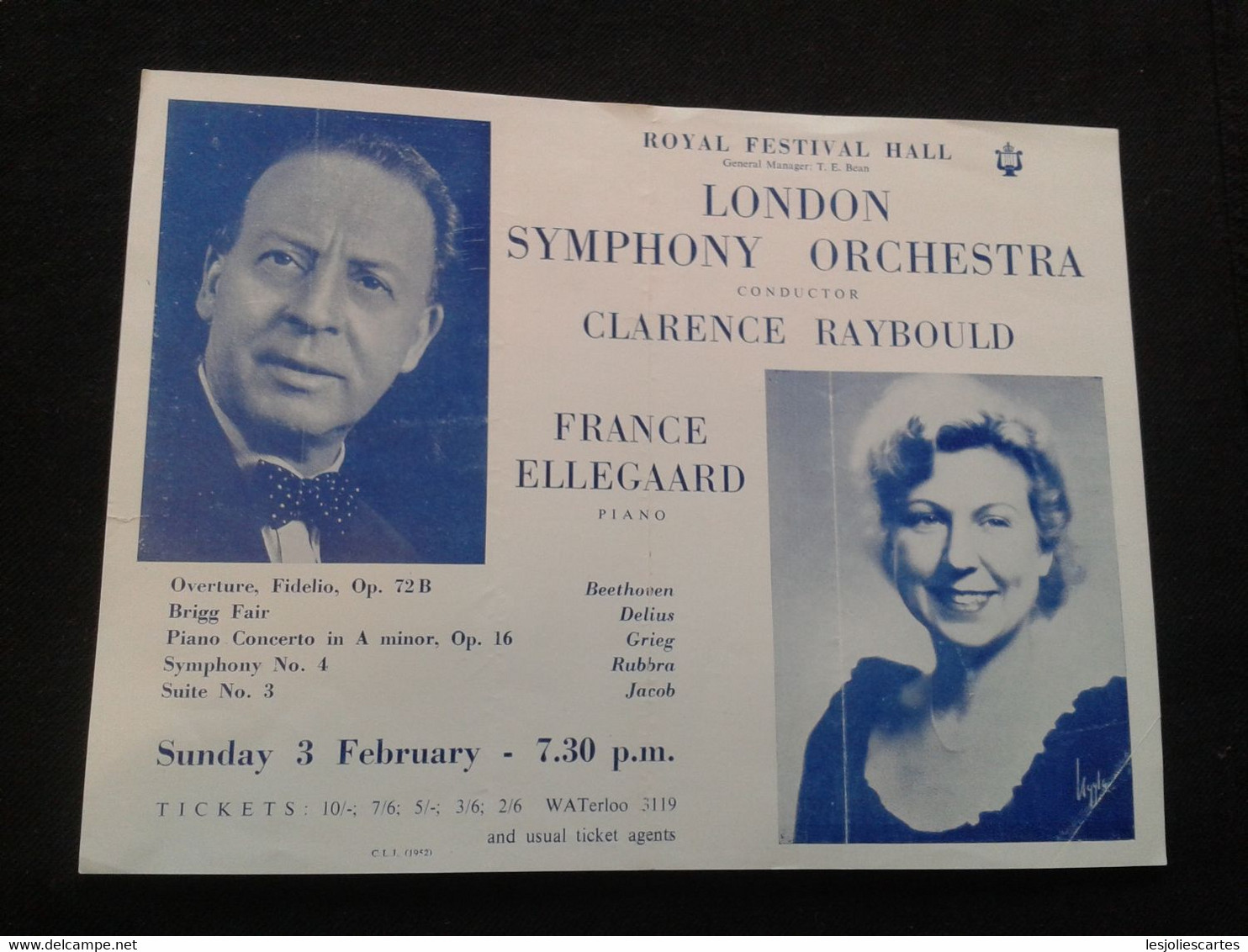 FRANCE ELLEGAARD PIANISTE PIANO KLAVIER PIANIST CLARENCE RAYBOULD CONDUCTOR DIRIGENT LSO CONCERT FLYER HANDBILL - Programme