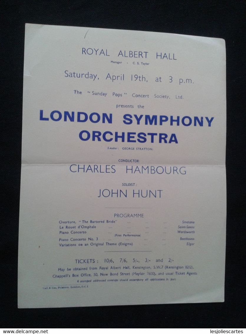 JOHN HUNT PIANISTE PIANO KLAVIER PIANIST CHARLES HAMBOURG CONDUCTOR DIRIGENT LSO CONCERT FLYER HANDBILL - Programme