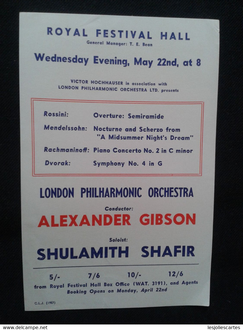 SHULAMITH SHAFIR PIANISTE PIANO KLAVIER PIANIST ALEXANDER GIBSON CONDUCTOR DIRIGENT CONCERT FLYER HANDBILL - Programme