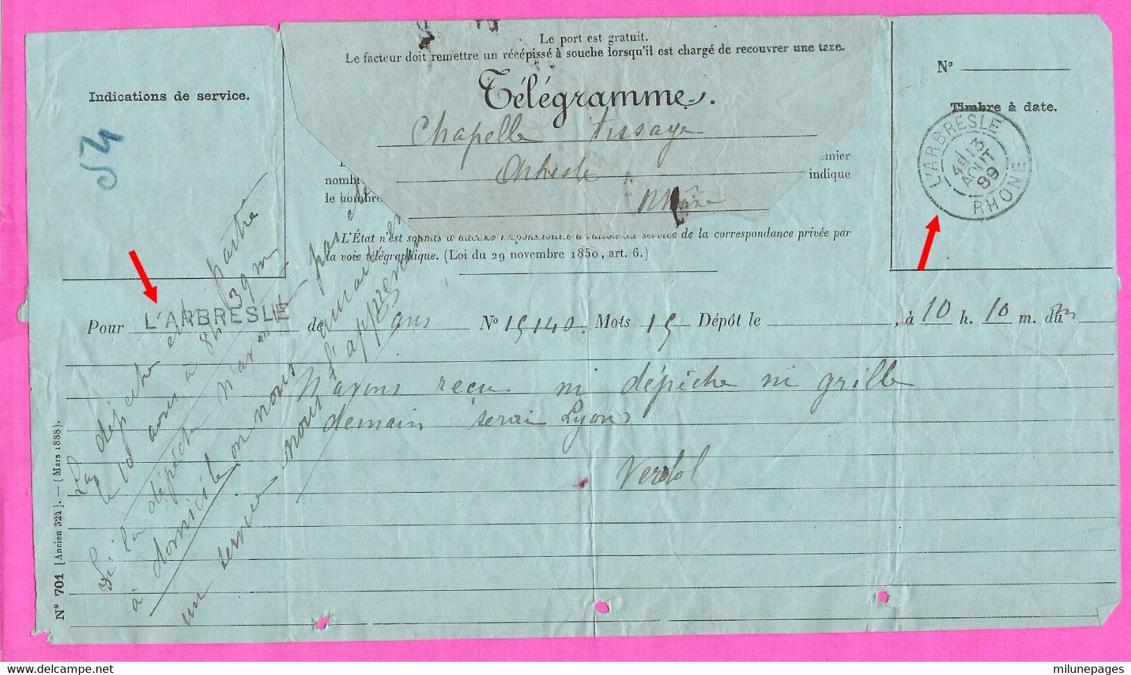 Grand Télégramme Modèle 701 Cachet Type 18 L'Arbresle Rhone 13 Aout 1889 - Telegraph And Telephone