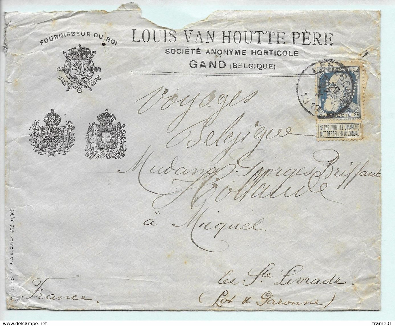 Perforé / Perfin VH Sur Lettre Louis Van Houtte Père 1910, Affr. 25c Pour La France - 1909-34