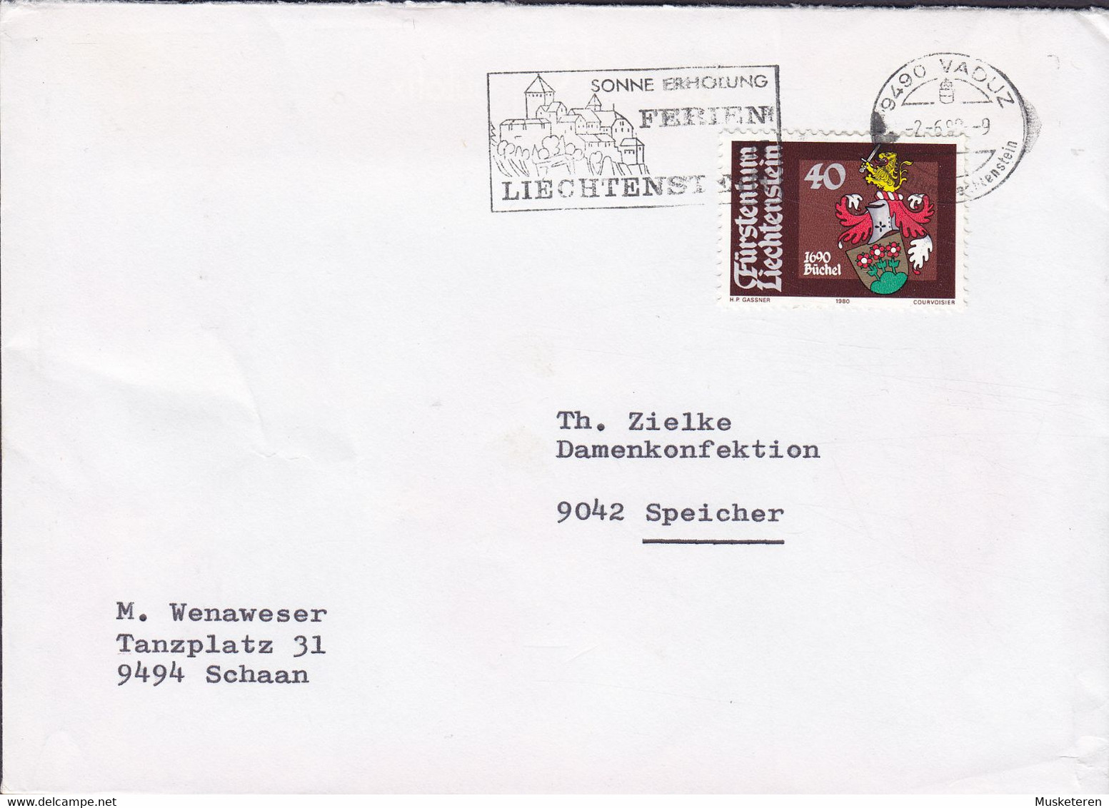 Liechtenstein Sogan Flamme 'Sonne Erholung Ferien In Liechtenstein' VADUZ 1980 Cover Brief Lettre SPEICHER - Lettres & Documents