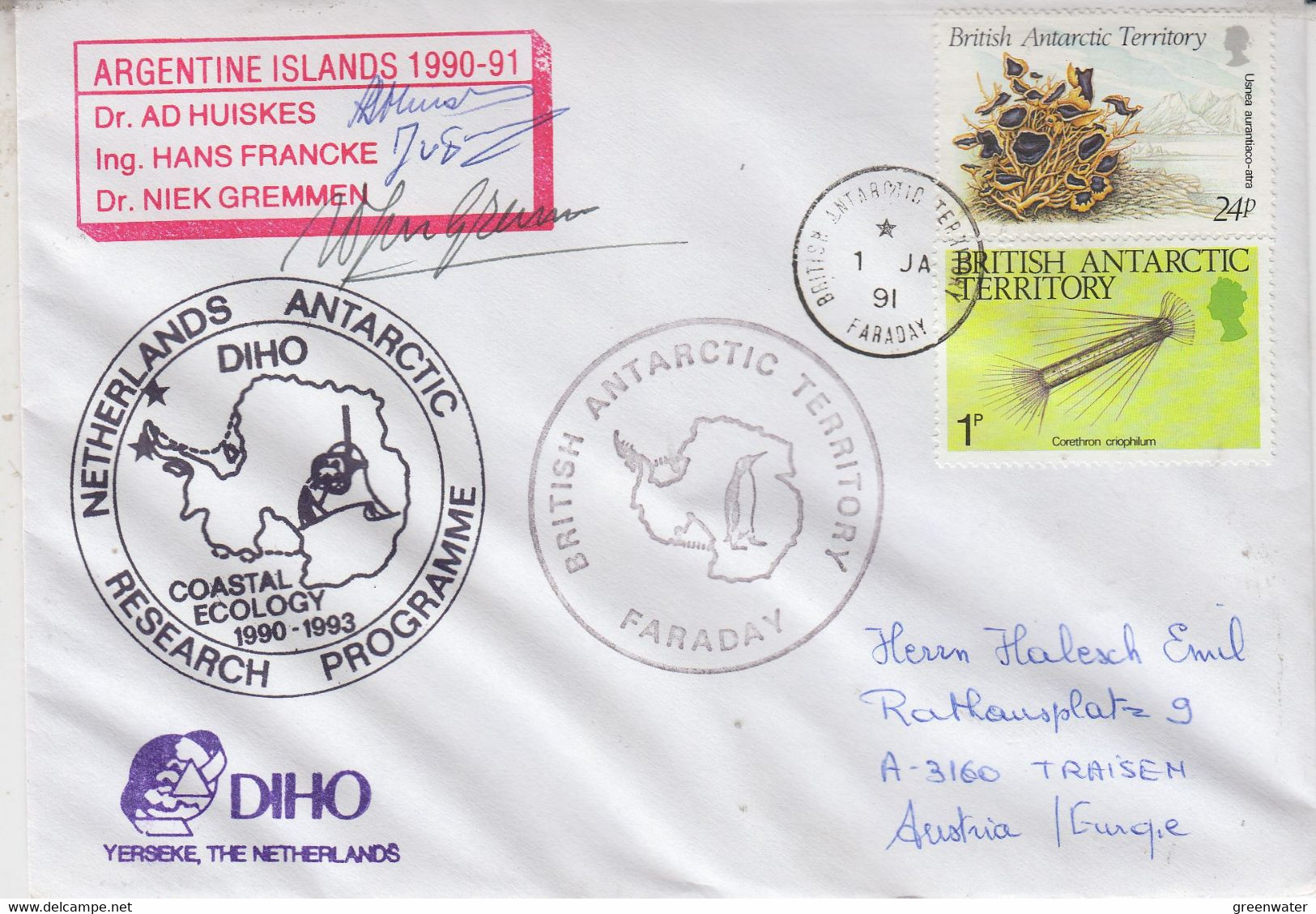 British Antarctic Terr. (BAT)cover Netherlands Antarctic Progr. Diho Yerseke 3 Signatures Ca Faraday1 JA 1991  (NL203) - Briefe U. Dokumente