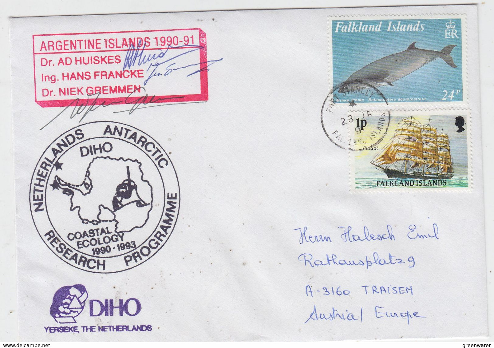 British Antarctic Terr. (BAT)cover+letter Netherlands Ant. Progr. Diho Yerseke 3 Signatures Ca Faraday 28 JA 1991(NL203) - Cartas & Documentos
