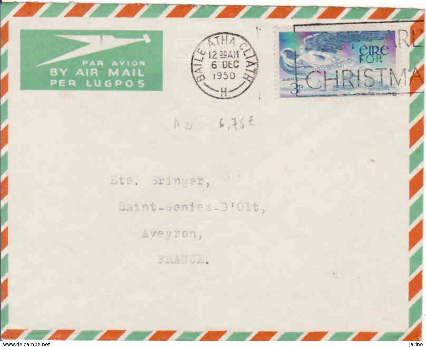 Irland 1950, Par Avion, Baile Atha Cliath - Dublin - Aveyron, Christmas - Airmail