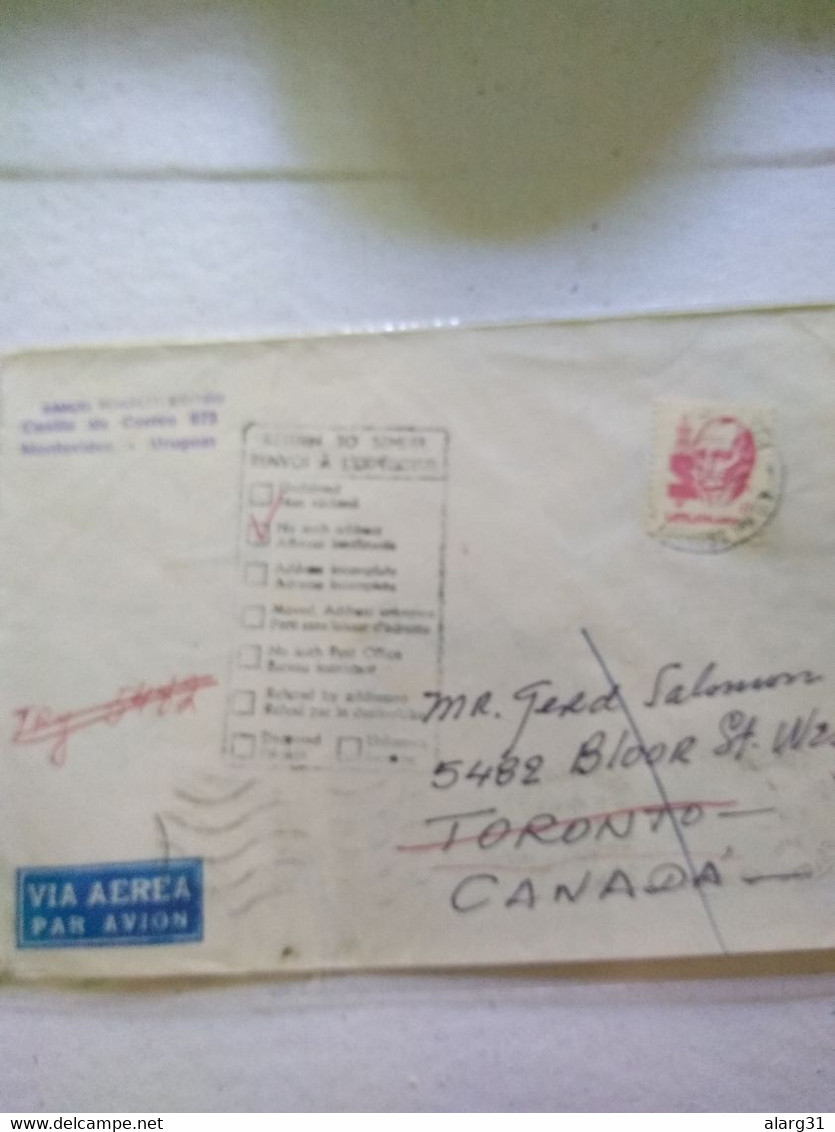 Uruguay To Canadá Toronto 1983& Return.auxilliary Mark E7 Reg Post 1/2  Co - Lettres & Documents
