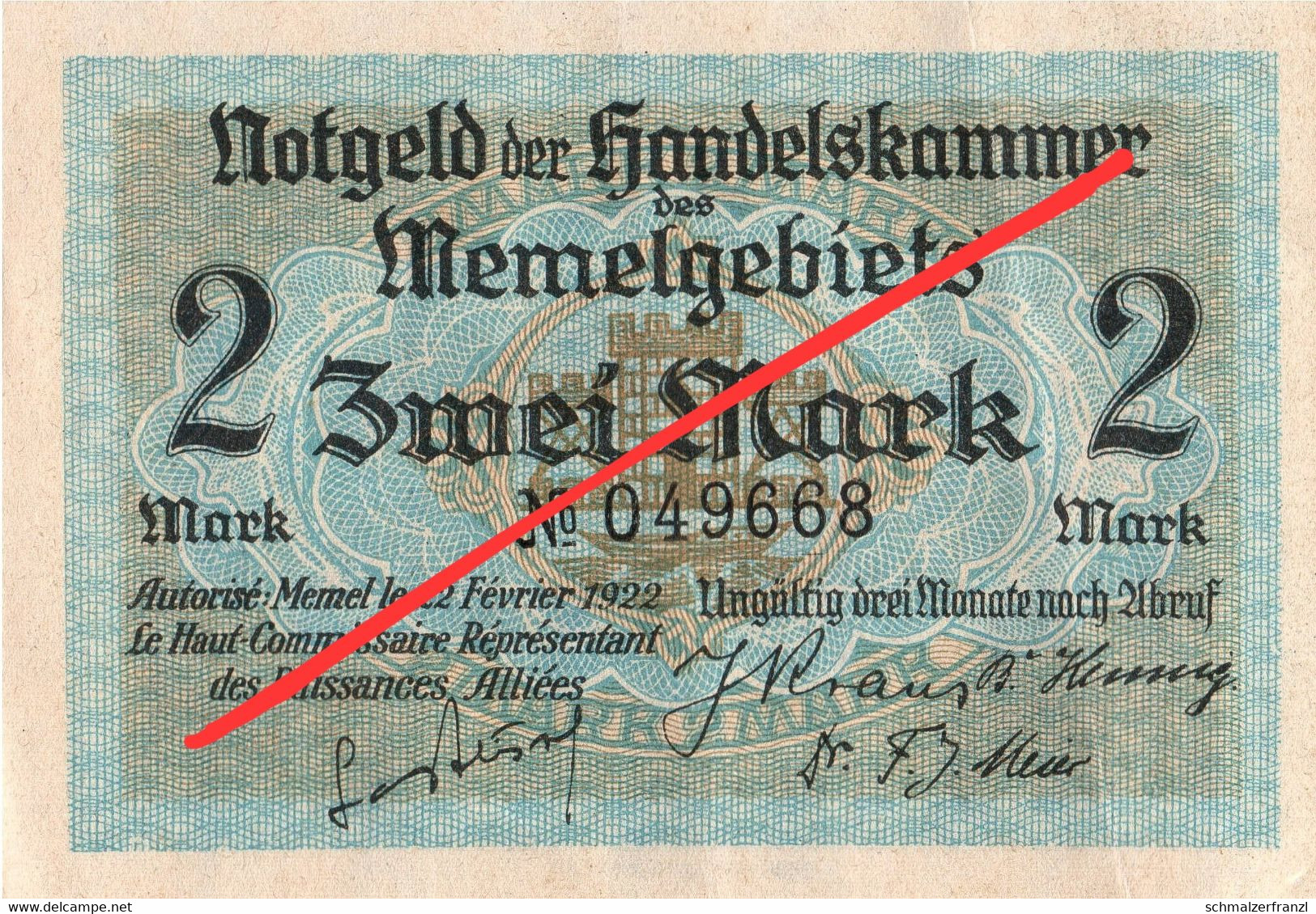 Notgeld Geldschein Note 2 Zwei Mark 1922 Memel Klaipeda Handelskammer Memelgebiet Memelland Haff Kurische Nehrung - Lituania