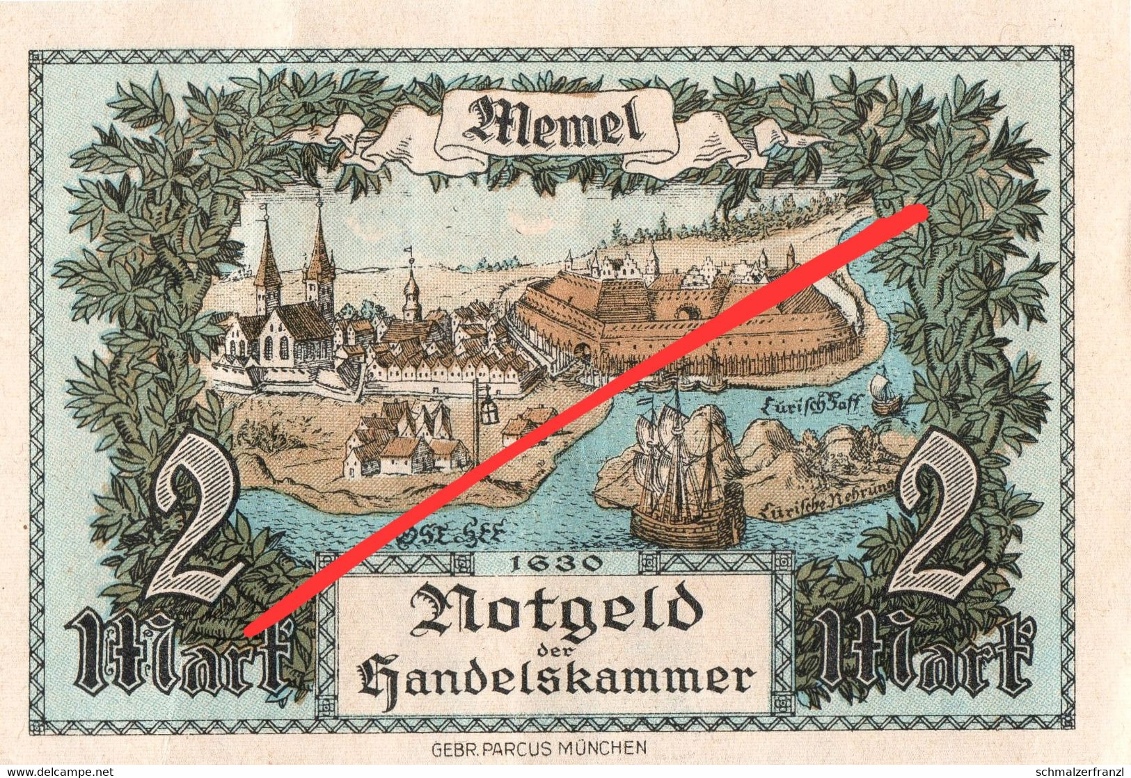 Notgeld Geldschein Note 2 Zwei Mark 1922 Memel Klaipeda Handelskammer Memelgebiet Memelland Haff Kurische Nehrung - Lituanie