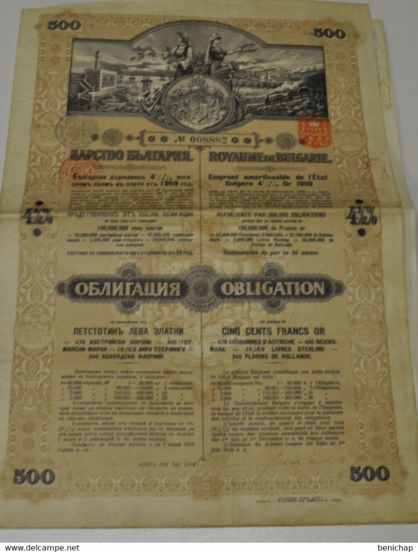 Bulgarie - Royaume De Bulgarie - Emprunt De L'état - Obligation 500 Franc Or - 1909. - Bank & Insurance