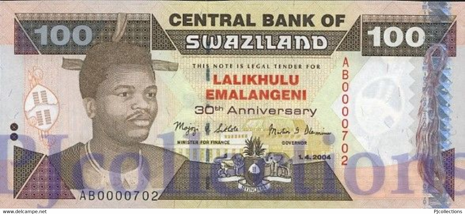 SWAZILAND 100 EMALANGENI 2004 PICK 33 UNC LOW SERIAL NUMBER "AB00004**" - Swaziland