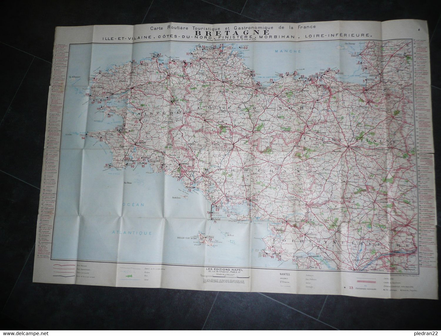 ANCIENNE CARTE ROUTIERE TOURISTIQUE ET GASTRONOMIQUE DE LA FRANCE BRETAGNE EDITIONS NAPEL VERS 1930 ? 103 X 72 Cm - Cartes Routières