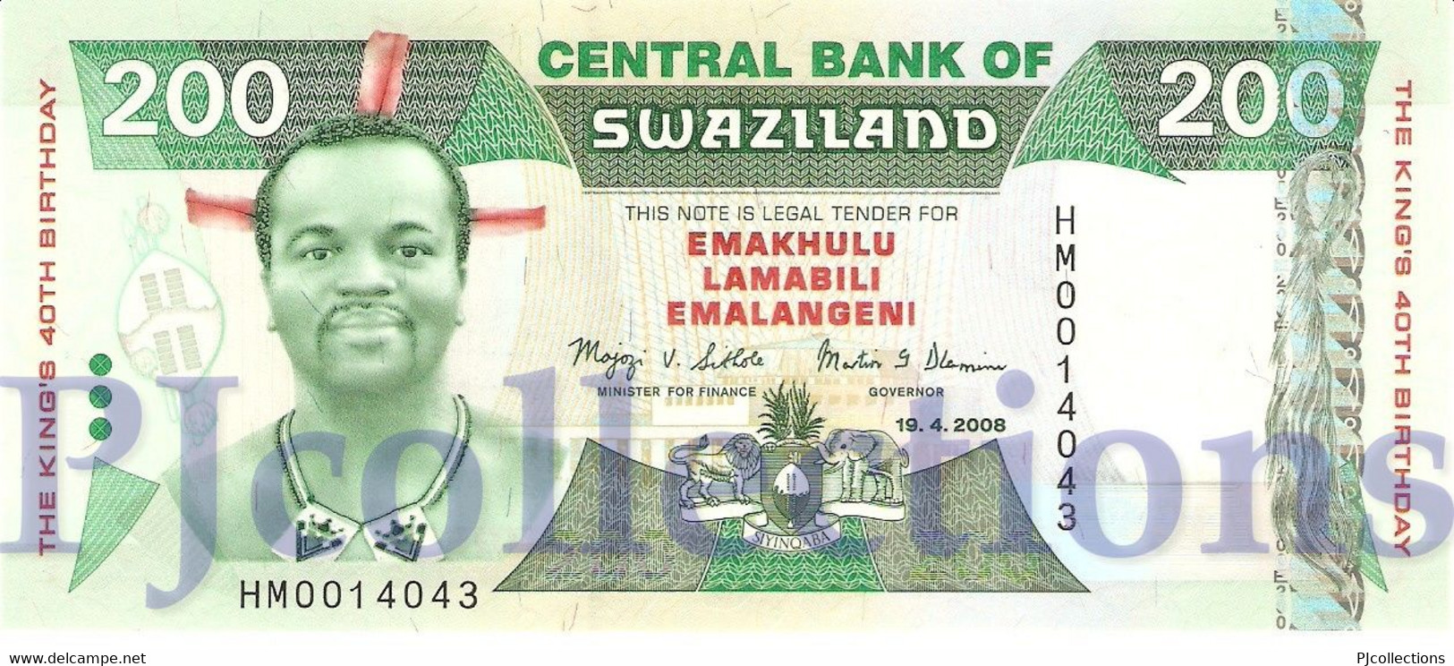 SWAZILAND 200 EMALANGENI 2008 PICK 35 UNC - Swasiland