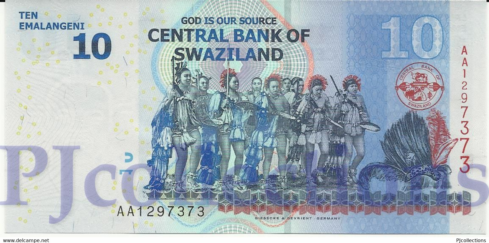 SWAZILAND 10 EMALANGENI 2010 PICK 36a UNC PREFIX "AA" - Swaziland