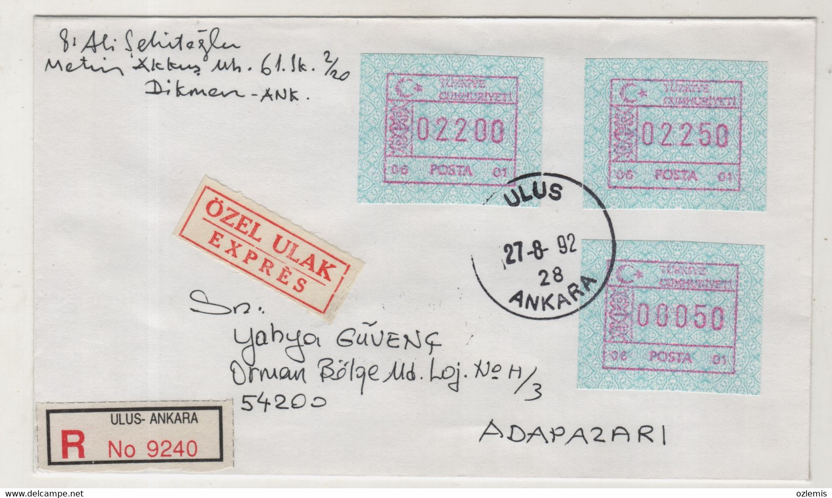 TURKEY,TURKEI,TURQUIE ,TURKEY, AUTOMATON STAMPS ,COVER, 1992 - Covers & Documents