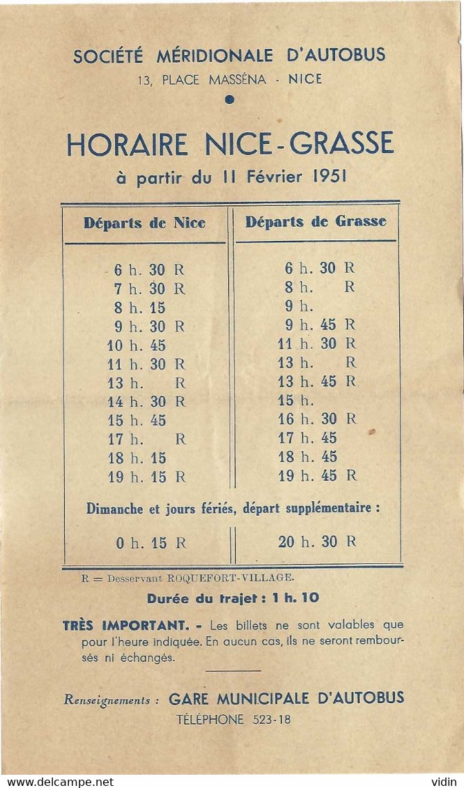 NICE GRASSE HORAIRE 1951 - Europe