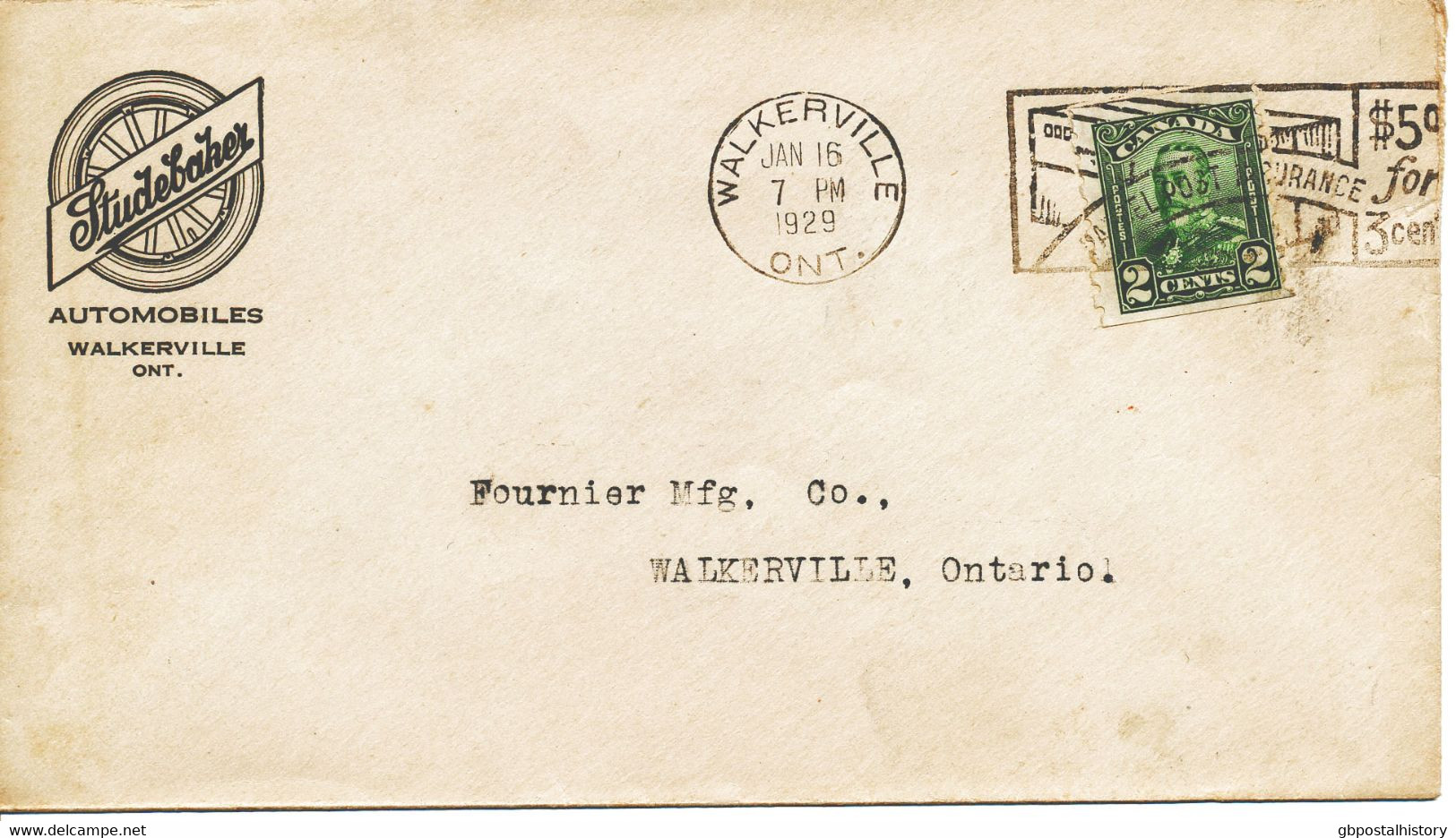 KANADA 1929, König Georg V 2 C. Senkr. Gez. 8 M. Selt. WALKERVILLE-Masch.-Werbestempel "PARCELPOST INSURANCE $ 5.00 For - Storia Postale