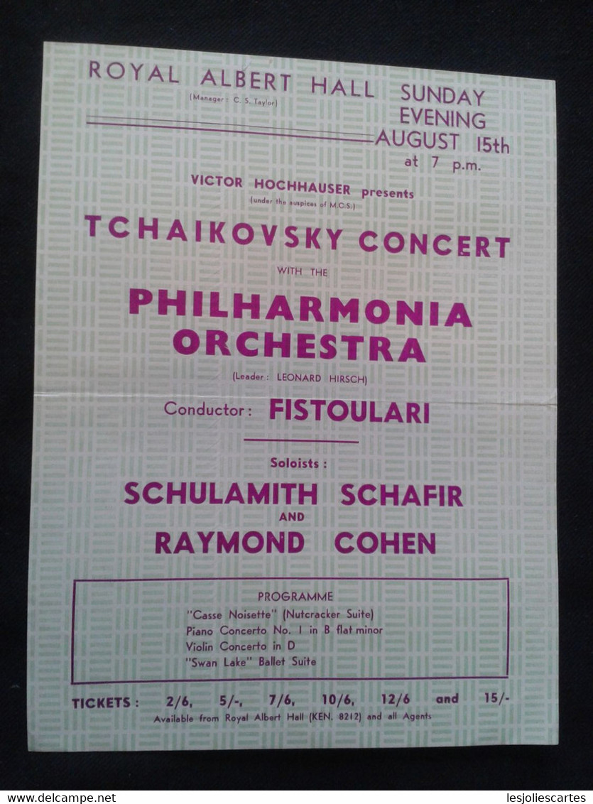 SHULAMITH SHAFIR PIANISTE KLAVIER PIANIST RAYMOND COHEN VIOLIN VIOLON FISTOULARI CONDUCTOR DIRIGENT FLYER HANDBILL - Programme