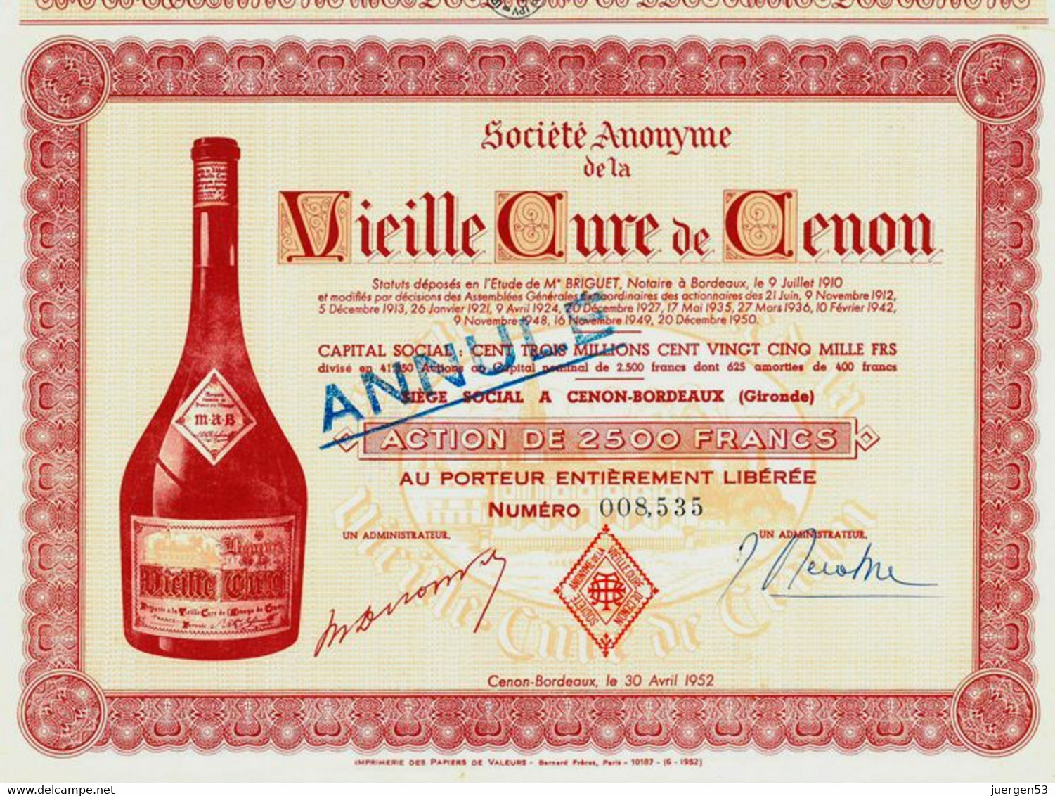S. A. De La Vieille Cure De Cenon 1952 - A - C