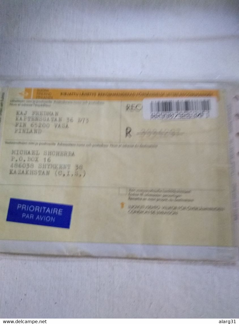 Finland.suomi.1996.registered Letter.vasa.to Kazakhstan..yv 1317 Insect& Others Testing  Reg Post E7.conmems.1or 2 Piece - Lettres & Documents