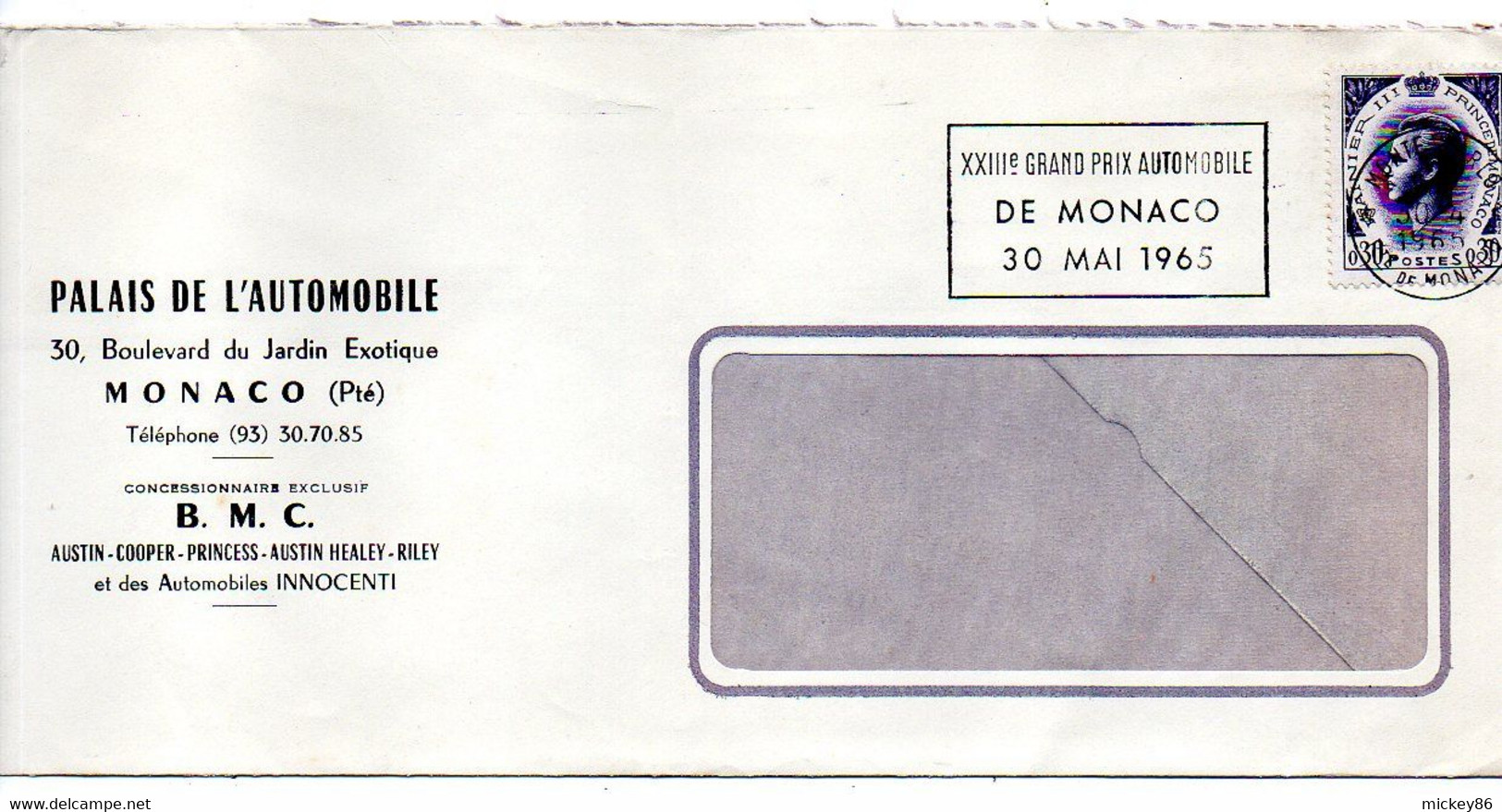 Monaco--1965--lettre MONTE-CARLO  Pour ????..timbre Seul Sur Lettre, Cachet  23ème Grand Prix Automobile 30-05-1965 - Cartas & Documentos