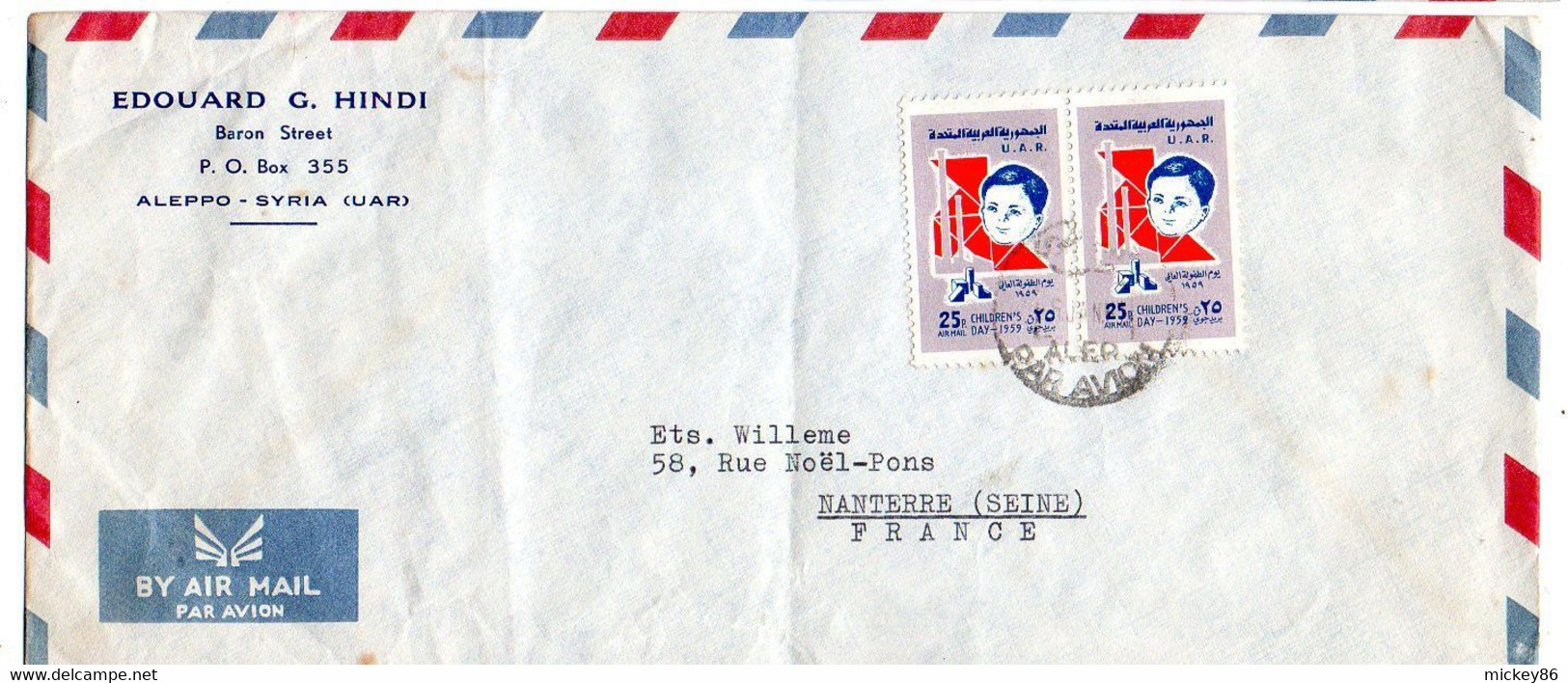 Syrie -1959--lettre ALEP  Pour NANTERRE-92 (France) ..Paire De Timbres  Sur Lettre, Cachet - Syrie