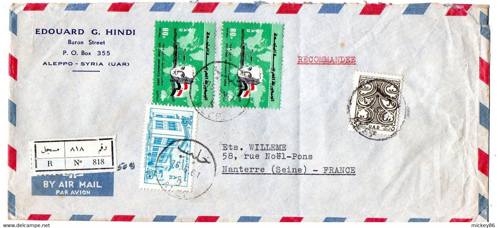 Syrie -1961--lettre Recommandée ALEP  Pour NANTERRE-92 (France) Composition De Timbres  Sur Lettre, Cachet - Syrie