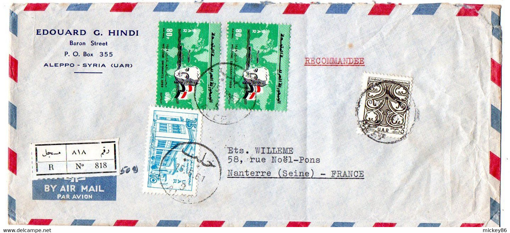 Syrie -1961--lettre Recommandée ALEP  Pour NANTERRE-92 (France) Composition De Timbres  Sur Lettre, Cachet - Siria