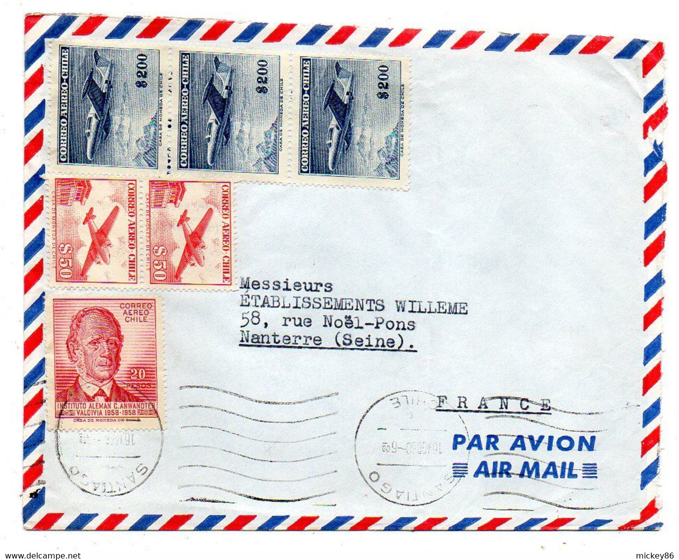 Chili  -1960--lettre SANTIAGO  Pour NANTERRE-92 (France) Composition De Timbres  Sur Lettre, Cachet - Chile