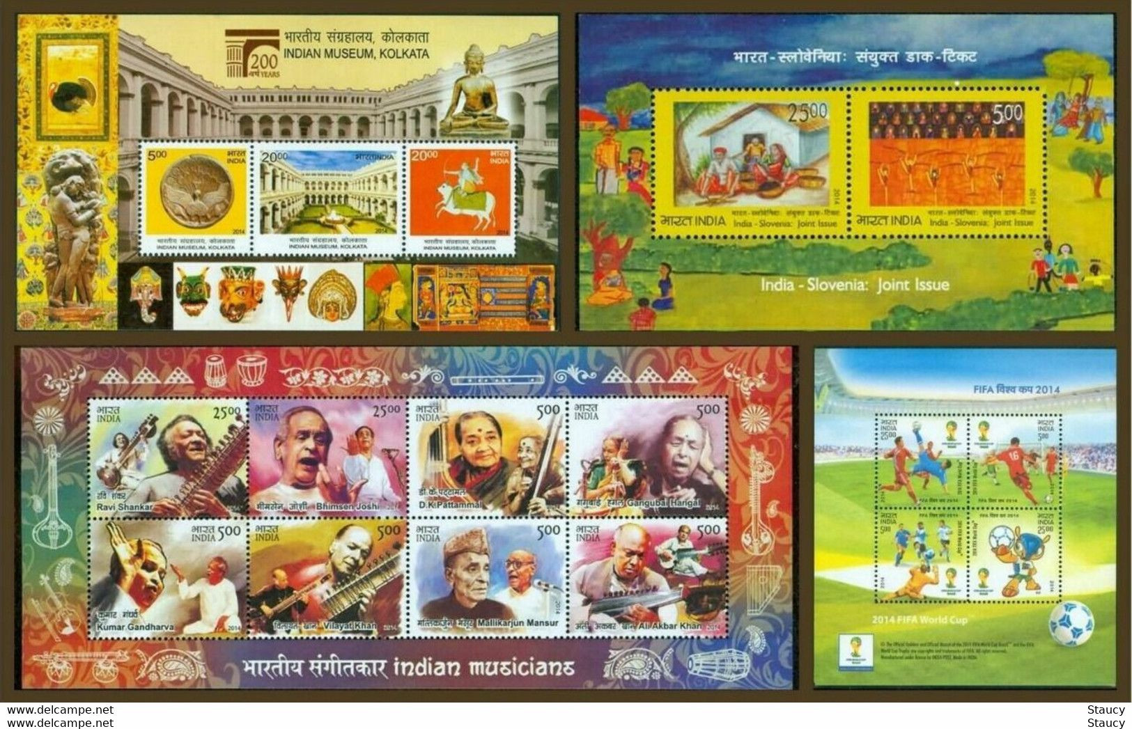 India 2014 Complete/ Full Set Of 4 Different Mini/ Miniature Sheets Year Pack Sports FIFA Soccer Music Buddhism MS MNH - Années Complètes