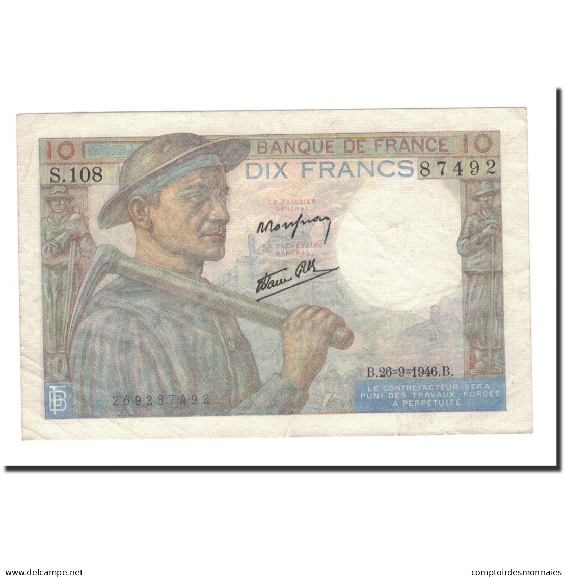 France, 10 Francs, Mineur, 1946, 1946-09-26, TTB+, Fayette:8.15, KM:99e - 10 F 1941-1949 ''Mineur''