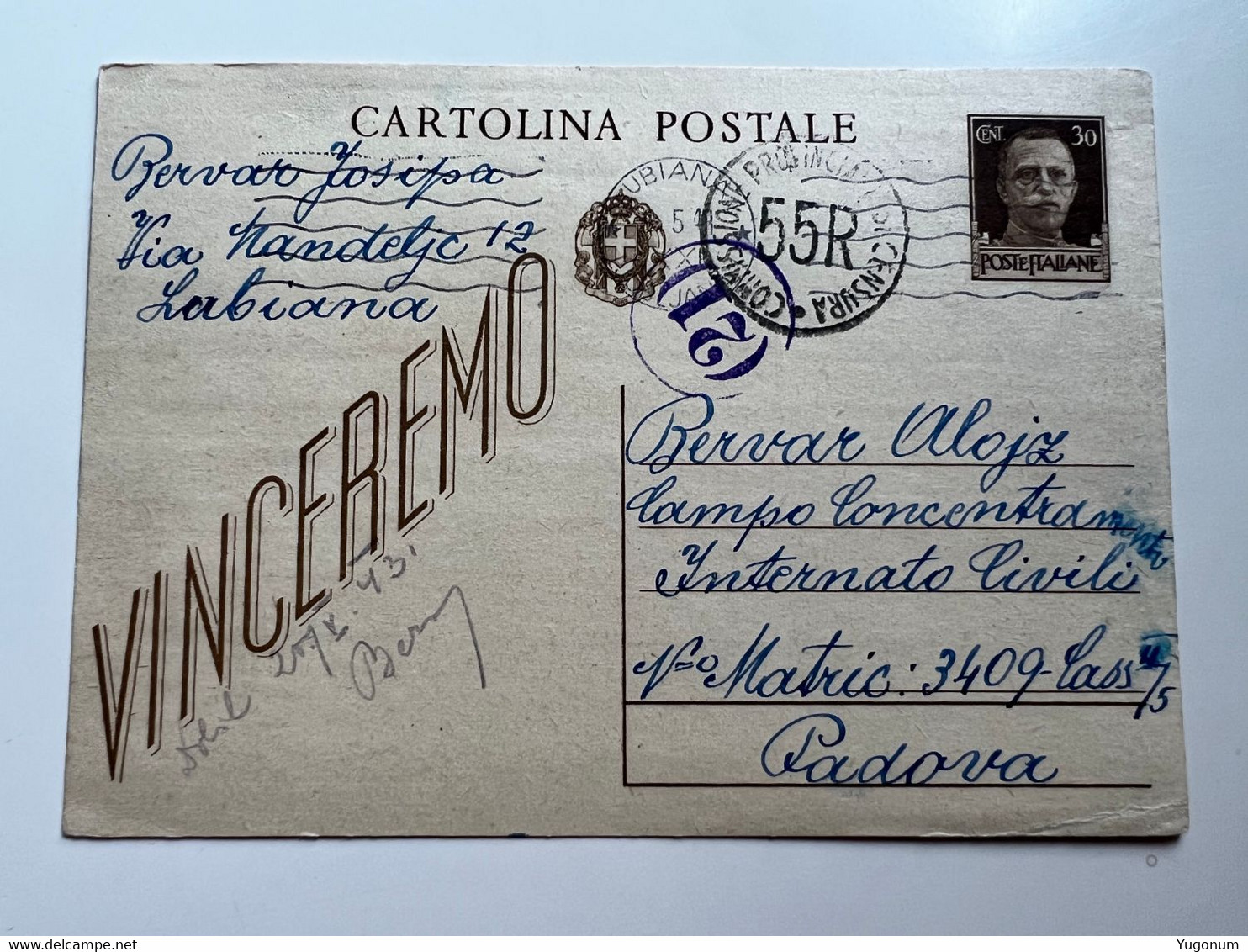 ITALY WWII 1943 Stationary With Censorship Stamps Sent From Concenetration Camp PADOVA  To LUBIANA (No 1885) - Ljubljana