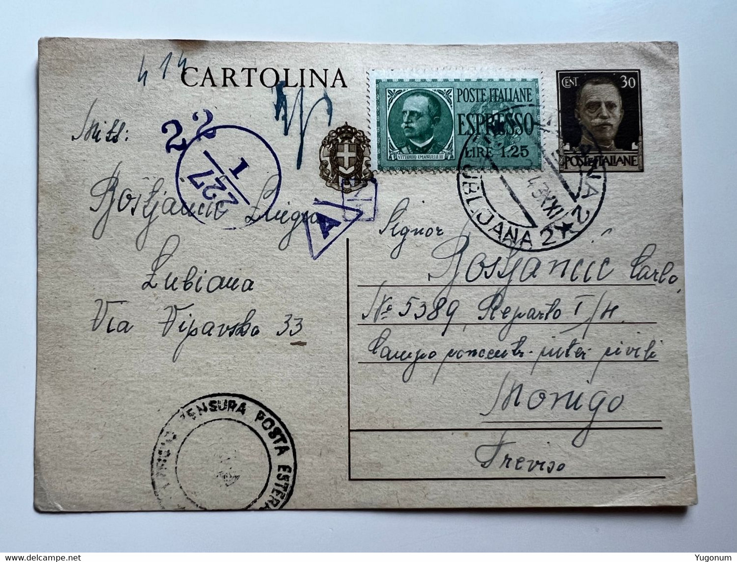 ITALY WWII 1943 Stationary With Censorship Stamps Sent From LUBIANA To Concenetration Camp MONIGO (No 1887) - Lubiana