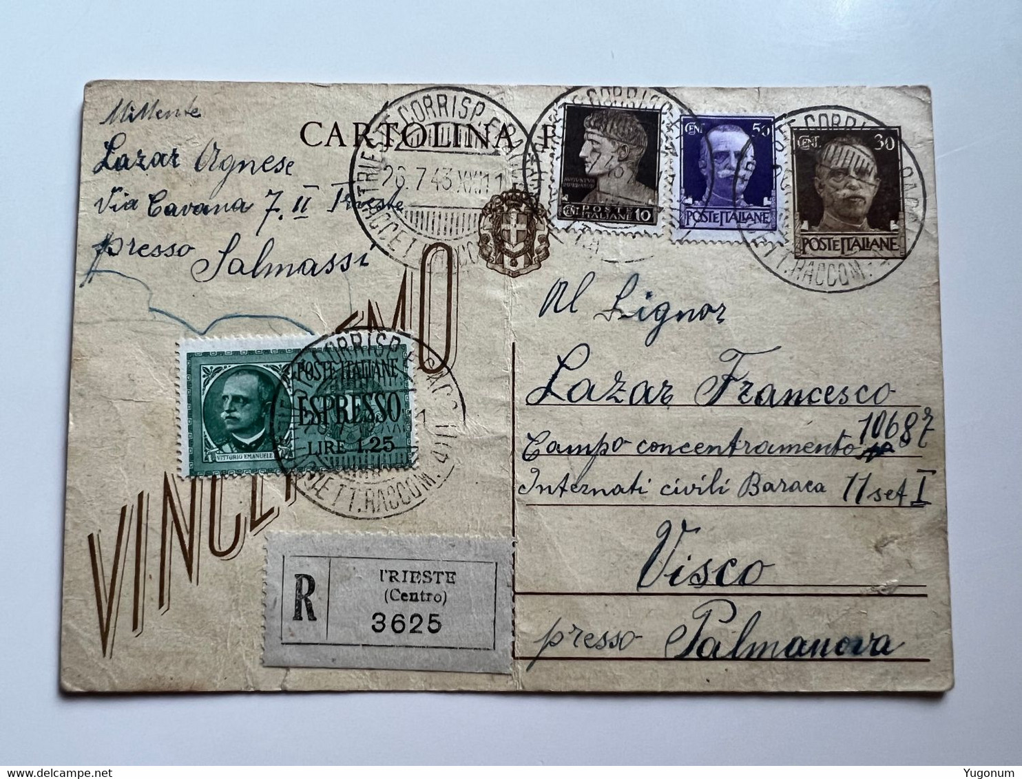 ITALY WWII 1943 Stationary With R Label TRIESTE Sent To Concenetration Camp VISCO (No 1888) - Ljubljana