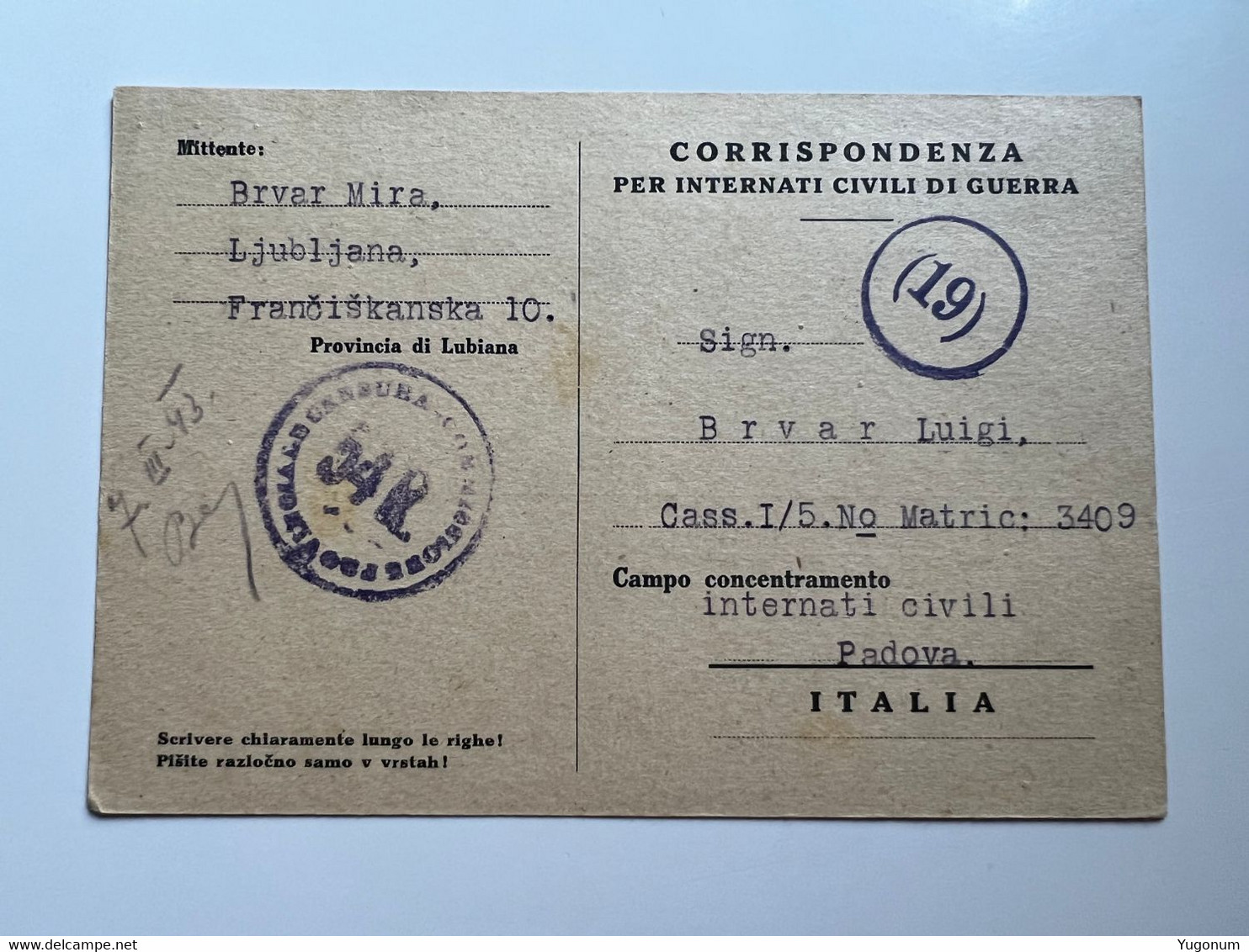ITALY WWII 1943 Stationary Card Sent From LUBIANA To Concenetration Camp PADOVA (No 1889) - Ljubljana
